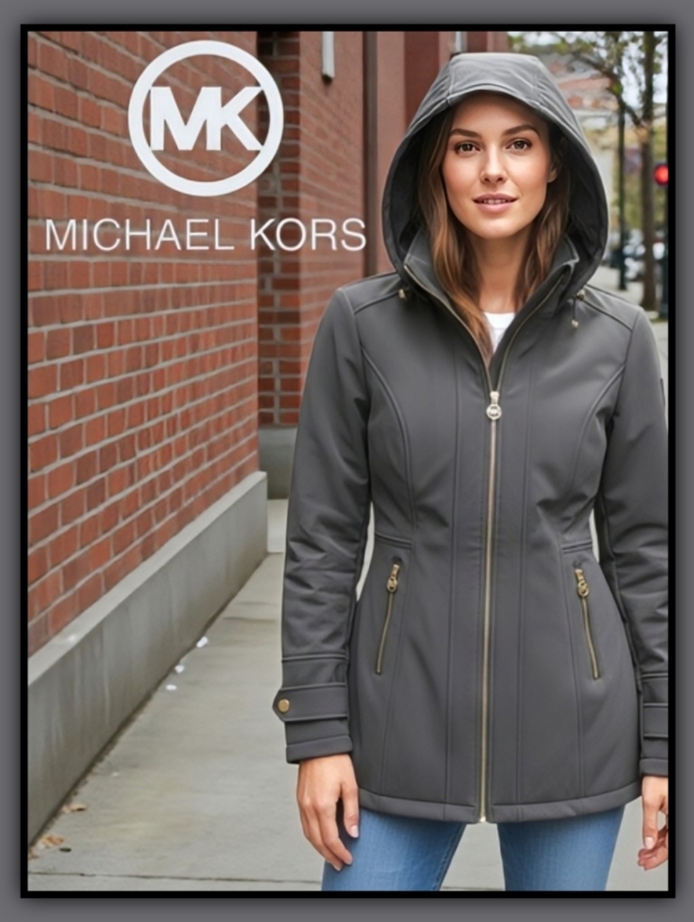MICHAEL Michael Kors Grey Hooded Water-Resistant Tech Jacket S